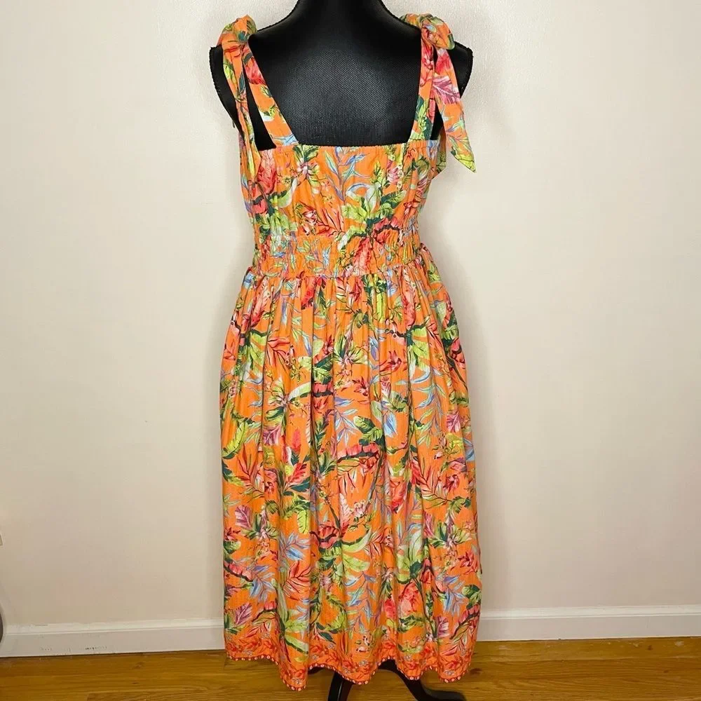 Lands End Tropical Sundress Floral Midi Lined Sleeveless Orange Green Small 6-8 - Picture 2 of 11